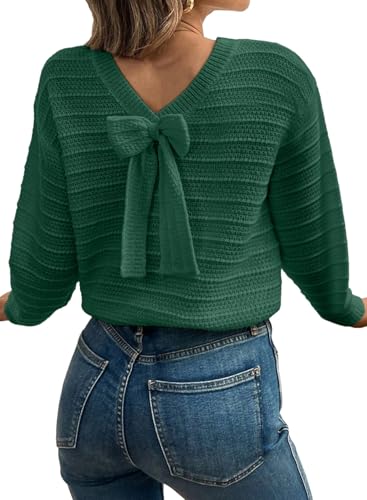 Image of EVALESS Sweaters for Women Long Sleeve Fall Outfits 2026 Back Bow Knot Sweaters Round Neck Solid Knit Pullover Tops