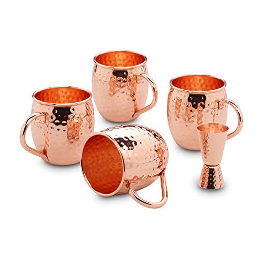 ECHTWERK Moscow Mule kopparmuggar set om 5 st. av rostfritt stål med hammarslagslook bestående av 4 st. kopparmuggar 500 ml och 1 x mätkopp 2cl/4cl