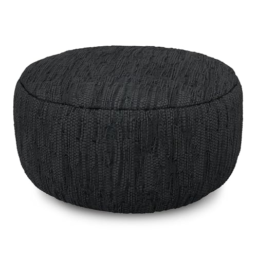 SIMPLIHOME Fredrik Round Pouf - 30 inch Wide Genuine Woven Leather Ottoman in Black, Boho-Style Footstool or Extra Seating for Living Room or Bedroom with Polystyrene Bead Filling, Assembled