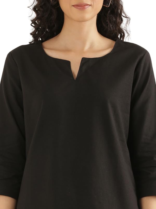 Image of SAADAA Airy Linen Split Neck Short Kurta for Women | Casual & Office Wear | 3 /4 Sleeves, Comfortable Fit | Elegant Top | Lightweight & Breathable Fabric |