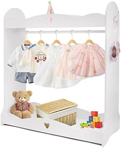 Jolitac Kids Dress up Storage Wardrobe Dress up Closet w/Mirror, Open Hanging Costume Organizer w/Hook,Top Shelf, Shoes Storage for Children Bedroom Girls Room Furniture White