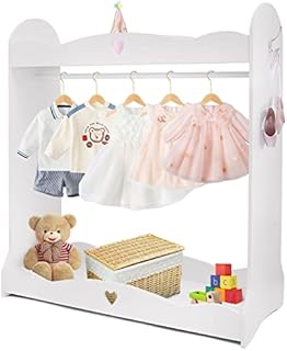 Jolitac Kids Dress up Storage Wardrobe Dress up Closet w/Mirror, Open Hanging Costume Organizer w/Hook,Top Shelf, Shoes Storage for Children Bedroom Girls Room Furniture White