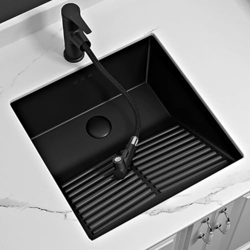 Modern Black Laundry Sink with Washboard, Undermount Ceramic Bathroom Sink Set with Faucet & Drain, Ideal for Balconies & Laundry Rooms (White, 40.5x46.5x22cm)