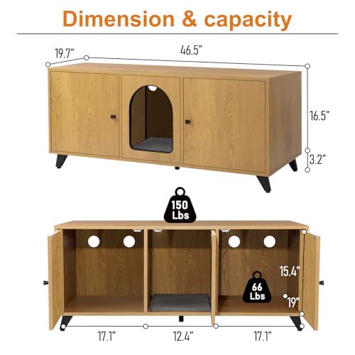 QuicMiou Cat Litter Box Enclosure for 2 Cats, Modern Hidden Litter Box Furniture with Double Room, Large Cat House Washroom Cabinet with Scratch Pad, 46.5\" x 19.7\" x 19.7\" (Natural Oak) - Thumbnail 3