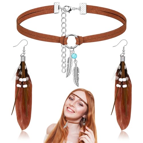 Jadive Set de Boucles d'Oreilles Plumes et Perles Bijoux Indiens Tour de Cou en Cuir Steampunk Bohème pour Femmes(Brun)
