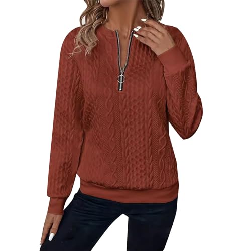 Rjognt Women's Quilted Pullover Sweatshirts Zipper Neck Long Sleeve Textured Solid Casual Loose Fashion Fall Tops