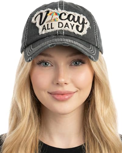 Funky Junque Women's Vintage Distressed Adjustable Baseball Cap, Unconstructed Dad Hat, Happy Camper Ball Cap, Cool Mom Hat - Vacay All Day - Black