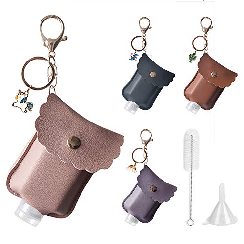 Hand Sanitizer Holder Keychain Leather Squeeze Bottle(2oz, 4 pack), Leakproof Refillable Containers Protable Empty Bottle for Hand Sanitizer, Hand Soap, Lotion, include Funnel and Brush