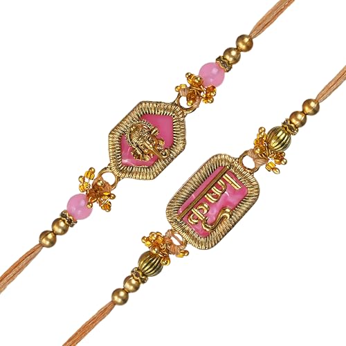 Image of eCraftIndia Lord Ganesha Krishna Designer Rakhi Set of 2 | Rakhi for Brother Bhaiya Bhai with Best Bro Ever Fridge Magnet | Roli Chawal Pack