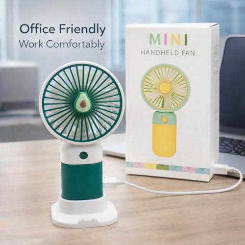 Image of Portable USB Rechargeable Mini Hand fan with stand 3 Speed Personal cooling fan for Home Office Travel outdoor use pack of 2 multicolor