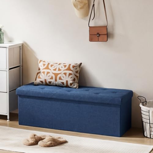 Image of DUMOS Foldable Storage Ottoman Bench 43in, Storage Chest, Large End of Bed Foot Rest Stool with Padded Seat, Bedroom Bench for Living Room, Support 660lbs, Blue