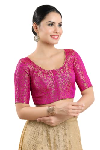 Image of Vamas Women's Brocade & Georgette Padded Self Design Half Sleeve Readymade Saree Blouse (X-1126.ELB)