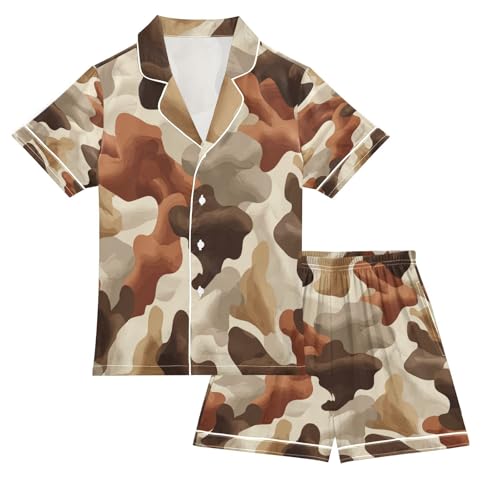 Satin Pajama Sets Short Sleeve Earth Tones Duck Hunter Button Down Silky Nightwear 2 Piece PJS 5-14Y
