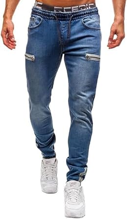 Mens Elastic Waist Drawstring Jeans Zipper Jeans for Men Moto Biker Jeans Slim Fit Denim Pants Trousers