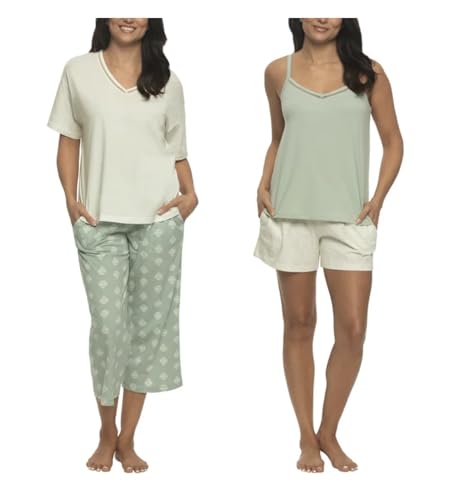 Image of Felina Women's 4 Piece Cotton PJ Sleep Set, Tee, Tank, Short, and Pant