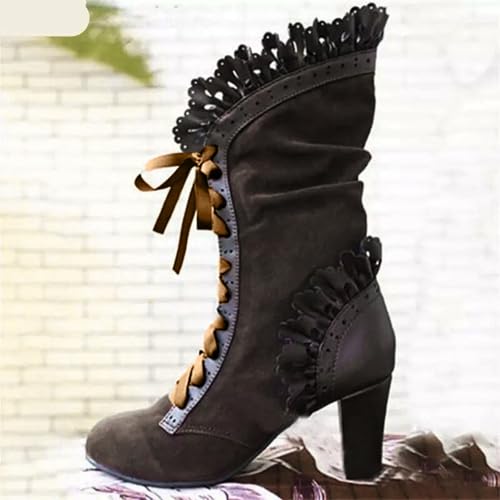 Victorian Boots For Women 2025 Chunky Heels Lace up Cute Cosplay Costumes Witch Medieval Renaissance Mid-Calf Goth Boot Vintage Dance Kawaii Lolita Shoes4