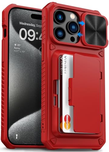 Image of Vihibii for iPhone 15 Pro Max Wallet Case with Card Holder (4 Cards) & Slide Lens Protective Cover & Kickstand & Raised Edges Protection, Shockproof Back Cover for iPhone 15 Pro Max 6.7 inch, Red
