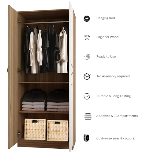Image of AAVATAR 2 Door Wood Wardrobe with Shelves and Hanging Space for Bedroom, Engineered Wood Cabinet for Clothes, White, 75 x 30 x 19 Inch