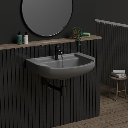 Image of REMOTION Ceramic Wall Hung Corner Wash Basin for Bathroom | Wall Mounted Corner Sink | Space-Saving, Durable & Stylish Design (18.5 x 14 x 7.5 Inch) (Grey)