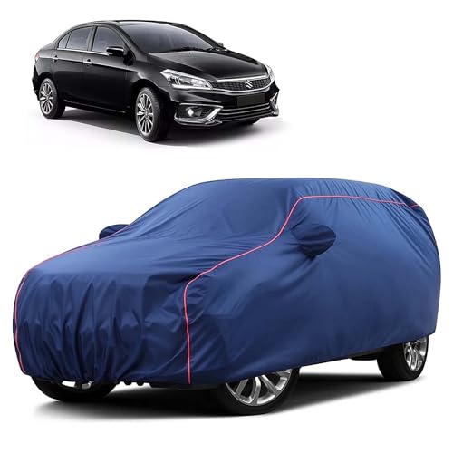 Image of Sulfar 100% Water Resistant Car Body Cover Compatible with Mirror for Maruti Suzuki Ciaz (Triple Stitched, Full Bottom Elastic, Blue Taffeta with Red Piping)