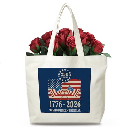 BXVRT USA 250th Anniversary Tote Bag, Blue Patriotic American Flag 1776–2026, 4th of July Independence Day Gift, Canvas Tote for Shopping Travel, 04