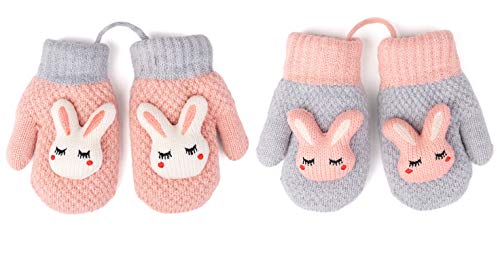 2 Pairs Toddler Mittens for Baby Boys Girls Winter Sherpa Lined Warm Knit Mittens Cartoon Kids Gloves (1-3 Years) (2 Pair-Pink & Grey)