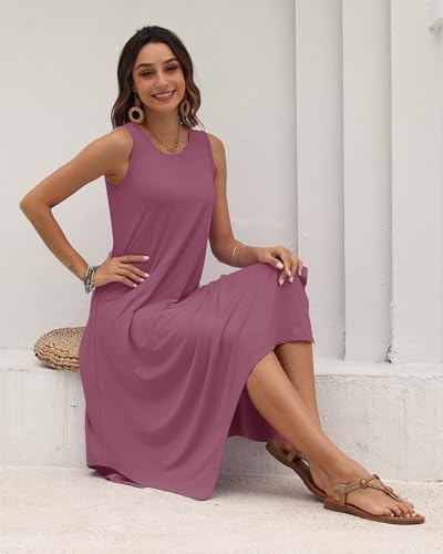 Image of AUSELILY Women's Summer Dresses Casual Sleeveless Midi Tank Beach Dress | Women's Asymmetrical Hem Sundress with Side Pockets, Great for Beach, Vacation & Daily Wear