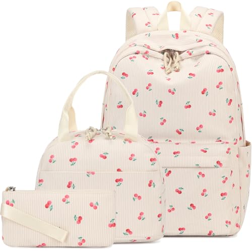 AUIVTY School Backpack for Girls Cherry Bookbag with Lunch Box Set Age 8-14 Teens Backpack Elementary Middle School Corduroy Coquette Mochilas Para Nias (Cherry Beige)