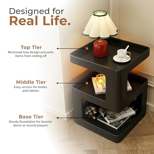 Image of HomeEssentials Modern Bedside Table with Storage Shelves, Nightstand for Bedroom, Side Table for Living Room, Sofa End Table Organizer, Bedside Storage Unit for Books, Remote, Phone & Decor (Black)
