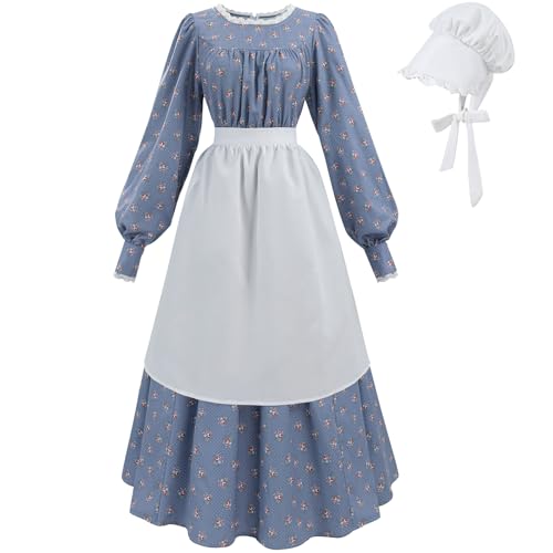 CR ROLECOS Pioneer Dress for Women Colonial Costume with Pockets Long Sleeve Floral Prairie Dress Old Fashioned Set XL