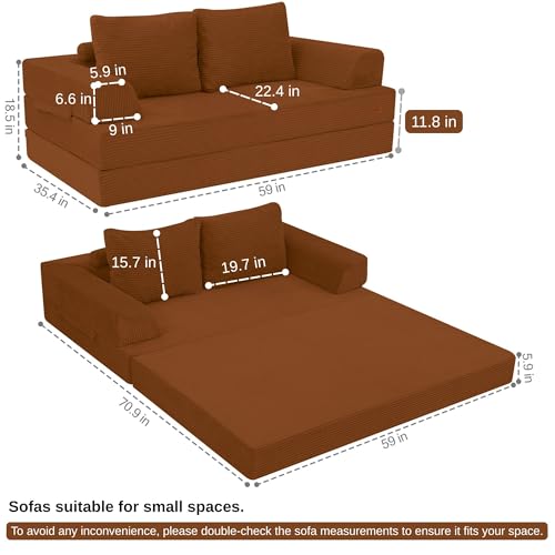 Image of COMAX Convertible Sofa Bed, Folding Floor Couch Corduroy Fold Out Couch Bed Futon Sleeper Mattress with Pillows, Boneless Sofa Comfy Lounge Loveseat for Living Room Bedroom, Orange