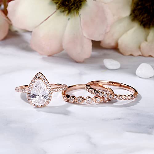 Jeulia Pear Shaped Wedding Ring Set: 3PC Halo Pear Cut Sterling Silver Diamond Bridal Set Rose Gold Anniversary Promise Wedding Band with Jewelry Gift Box3
