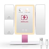 EASEHOLD Foldable Tri-Fold Lighted Makeup Vanity Mirror with 60 LED Lights, 1X/2X/3X Magnification, Touch Control Dimming, 3000mah Rechargeable, 360° Rotation, Portable Travel Folding Compact Mirror