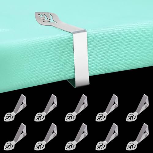 Table Cloth Holder Clips 10 Pack, Leaf Shape Picnic Tablecloth Clip Outdoor Large Heavy Duty Stainless Steel Decorative Cover Clamp Pin for Party Wedding Restaurant Camping RV Essential Accessories