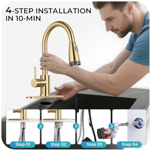 Image of LED Kitchen Faucet with Pull Down Sprayer - Brushed Gold Single Handle Kitchen Faucets, High Arc Stainless Steel Pull Out Kitchen Sink Faucet with Deck for RV Laundry Farmhouse Bar