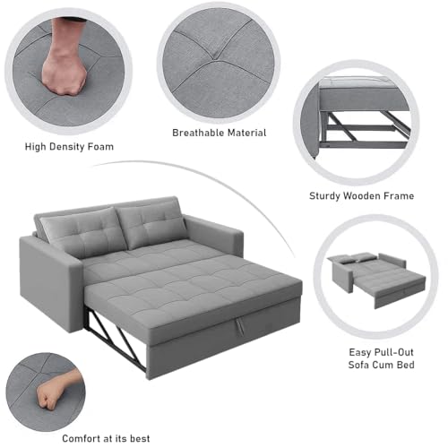Image of CASASTYLE Trissa 2 Seater Pull-Out Premium Fabric Sofa Cum Bed Sofa Set for Living Room (Light Grey Fabric