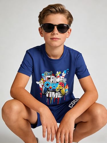 Image of Cakaner Tween Boys Summer Clothes 2 Piece Short Sleeve Graphic T-Shirt and Shorts Casual Outfit Set Size 7-14