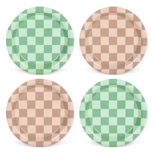 Whaline 24 Pcs Checkered Paper Plates Sage Green Brown Plaid Disposable Dessert Salad Plates 2 Color Tableware for Spring Summer Baby Shower Party Supplies Table Decor, 9 In