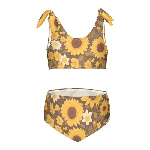 Sunflower Cow Leather Skin Brown Pattern Girls Two Piecing Kids Bikini Set Quick-Dry Swimsuits Swimming Suits Adjustable