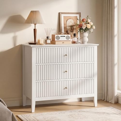 RoyalCraft White Fluted 3 Drawer Dresser 32 inch Wide Dresser Nightstand for Bedroom Modern Wood Chest of Drawers Large Painted Nightstand with 3 Drawers for Closet Hallway Entryway