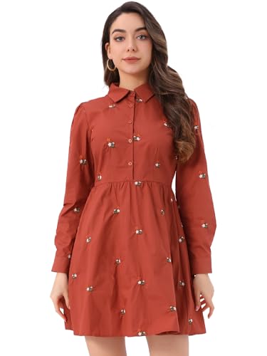 Image of Allegra K Women's Shirt Dress A Line Embroidered Floral Mini Dresses | Casual, Collar, Long Sleeve, Button Down, Half Placket, Invisible Zipper, Knee Length