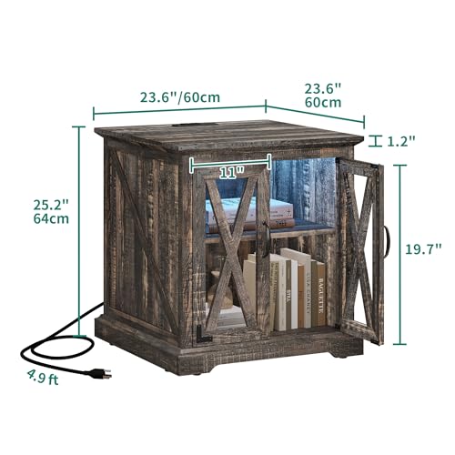 DWVO Farmhouse End Table, 24" Sofa Side Coffee Table with Charging Station and LED Lights, Nightstand with Adjustable Storage Shelf, Bedside Table for Living Room Bedroom, Dark Oak