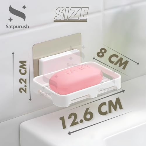Image of Satpurush Self-Adhesive Soap Holder for Bathroom (Pack of 2) Wall Mounted No-Drill Soap Stand with Water Drainage | Strong Sticker Plastic Soap Dish for Wash Basin & Kitchen (White)