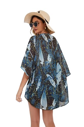 Image of Women's Floral Print Puff Sleeve Kimono Cardigan Loose Cover Up Casual Blouse Tops 2026