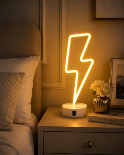 Image of Quace Lightning Bolt Neon Light for Room Decor, Dual Power (USB & 3 AA Batteries), Warm Yellow LED Neon Lamp, Gaming Room Decor, Bedroom Night Light, Desk Lamp for Home, Cafe & Party Decoration