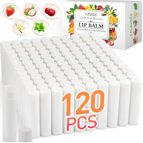 VISRIE 120 Pack Lip Balm Unlabeled, Natural Lip Balm Bulk Blank Tube, Personalized Lip Balms for Party Favors Adults and Bridal Shower Favors or Baby Shower Gifts-5 Flavors