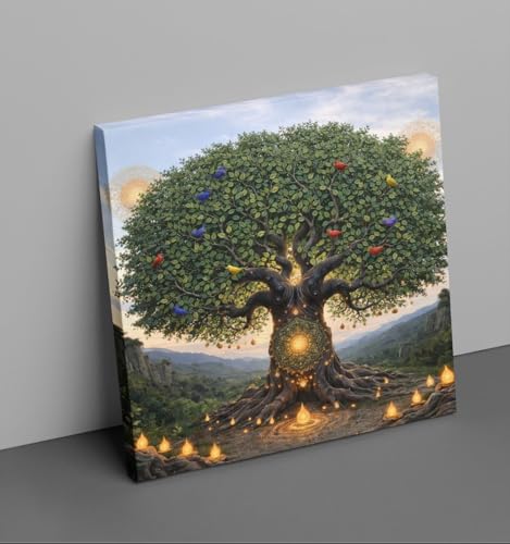 Image of Kunj Cart Kalpavriksha Tree Painting | 8+ DESIGNS | Kalpvriksh Tree Wall Painting | Lucky Tree Wall Art For Living Room, Bedroom and Office Decor | Canvas Painting for Wall Decoration (Design - A, 12x12 Inch, Framed)