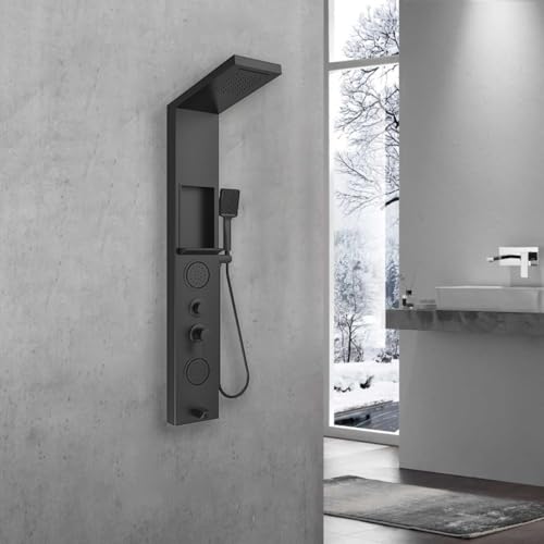 Image of ELLO&ALLO Shower Panel System Tower with Shelf, Rainfall and Waterfall Head Rain Massage Stainless Steel Bathroom Fixtures with Adjustable Body Jets, Black