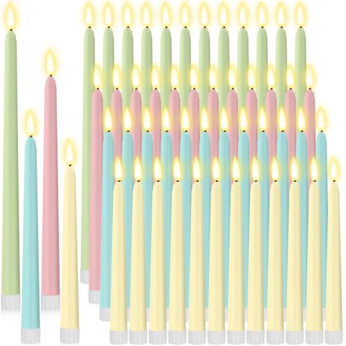 Image of Rossesay 48 Pcs Flameless LED Taper Candles Battery Operated Candles 4 Sizes of 8.5'', 9.65'', 10.83'', 12.8'' Flameless Candlesticks Flickering for Halloween Christmas Church Wedding(Macaron)