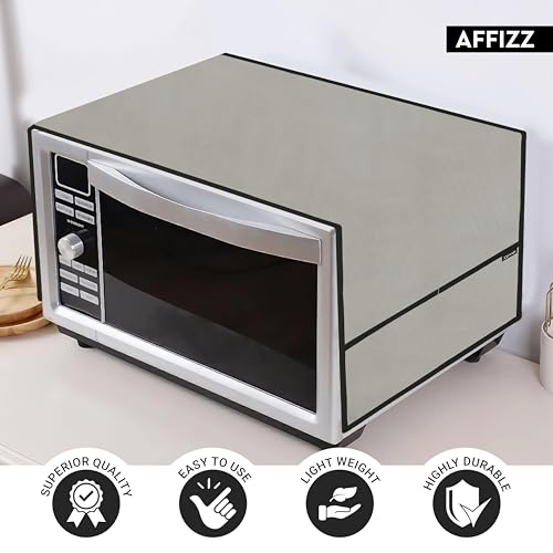 Image of Microwave Cover Top - Waterproof Dustproof Polyester Oven Cover for Kitchen with 4 Side Pockets, Modern Design, Grey (100 x 35 cm)